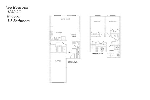 A floor plan of a two bedroom bi-level home with a 1.5 bathroom.